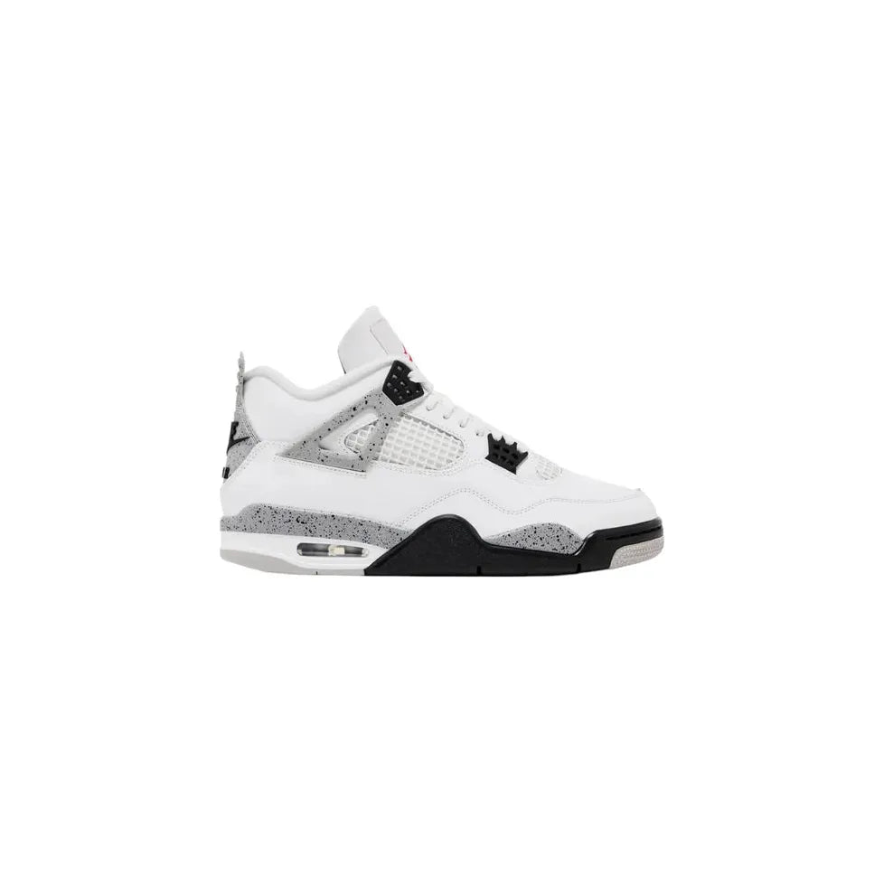 Air Jordan 4 Retro White Cement sneaker. White leather & mesh upper with grey speckled overlays, black accents, and red Jumpman.