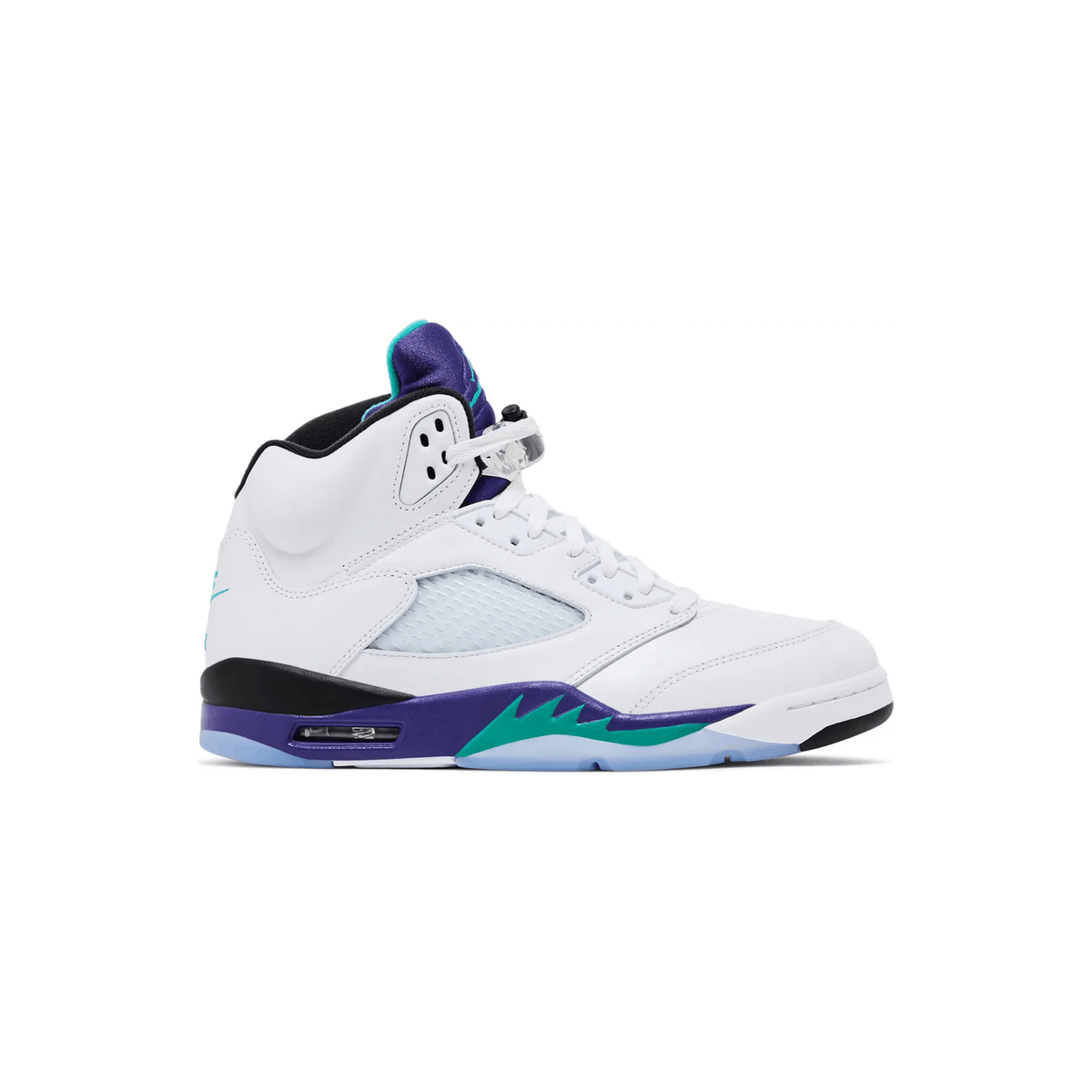 Air Jordan 5 Retro mid-top sneaker. White upper, purple/teal accents on tongue & midsole with shark teeth design. Icy outsole.