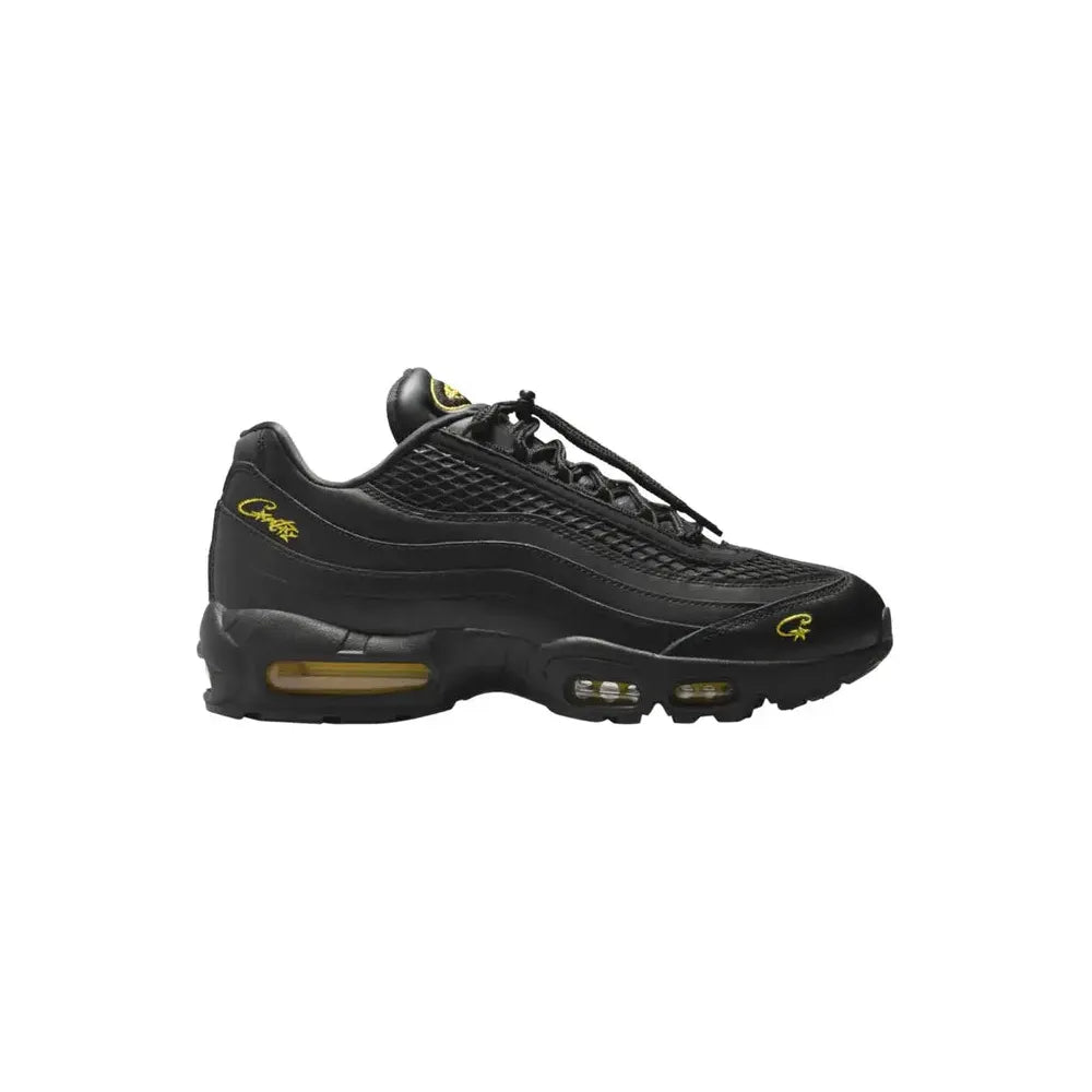 NIKE Air Max 95 Corteiz Honey Black sneaker. Black upper, textured panels, gold Air Max units, & embroidered Corteiz logos.