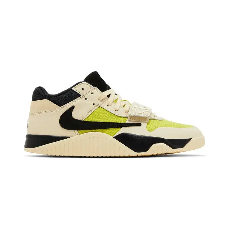 NIKE Jumpman Jack TR shoe: Bright Cactus (neon yellow-green) mesh base, cream overlays, black Swoosh, and a cream midfoot strap.