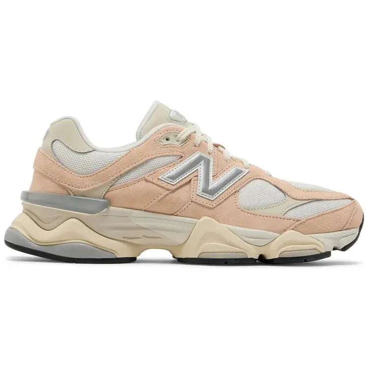New Balance 9060 W sneaker, vintage rose suede & cream mesh with silver N-logo & chunky multi-toned sole.