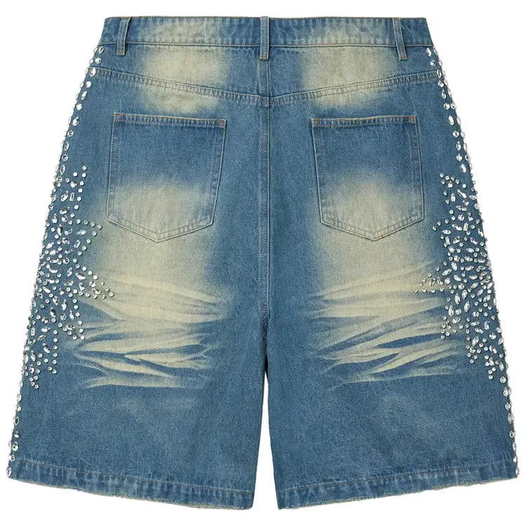 Vale Forever Siren Jorts. Distressed blue denim with two back pockets & clear rhinestones along both outer seams.