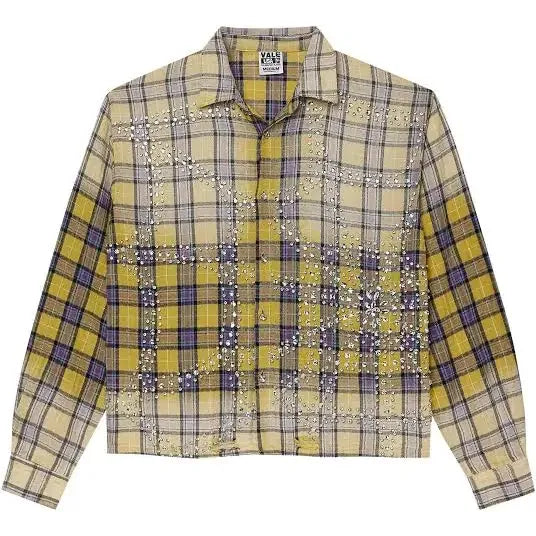 Vale Forever Lemonhead Flannel: Yellow plaid shirt with scattered shiny studs creating a drip effect on the front.