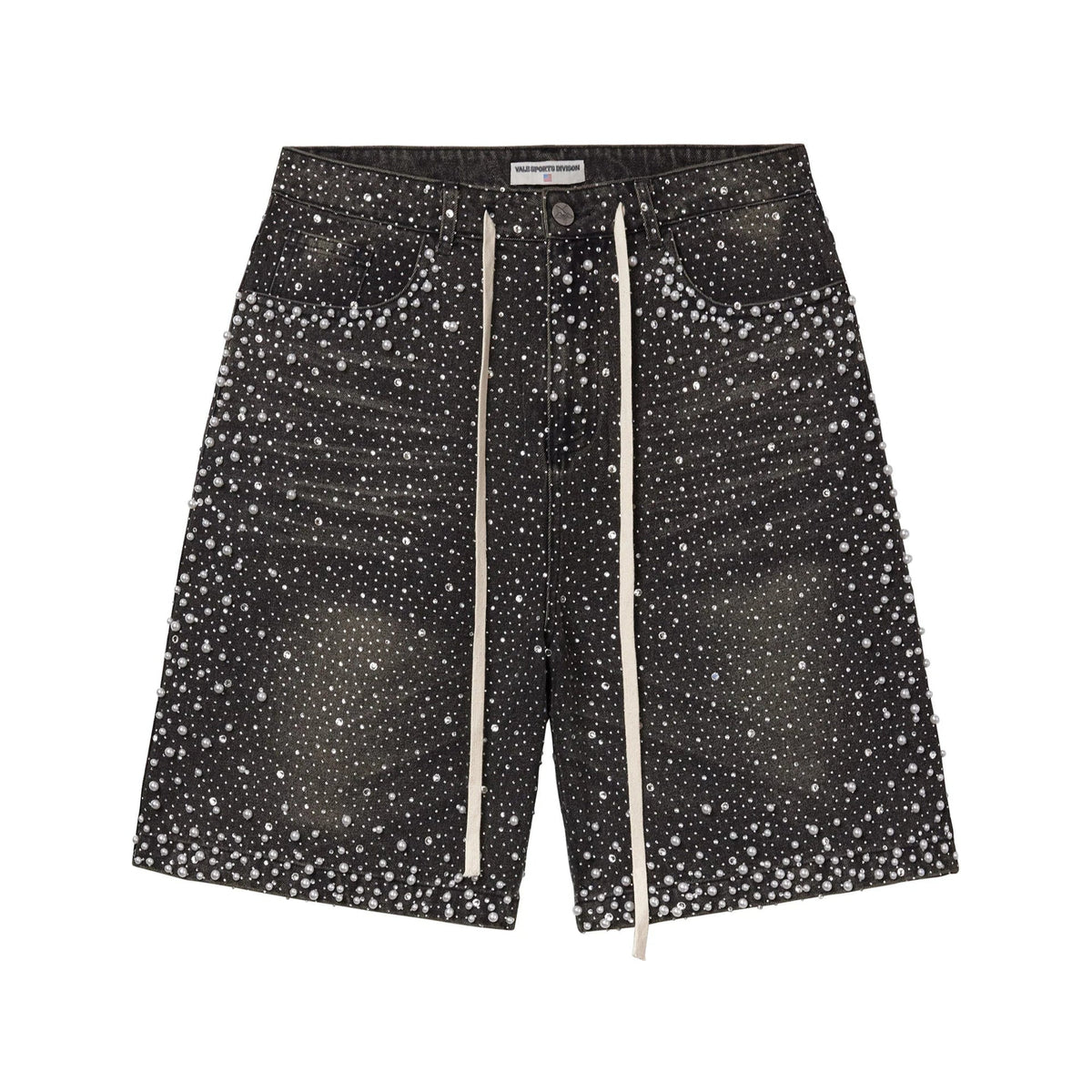 Black Vale Sports Division jorts adorned with an all-over pearl and rhinestone rainstorm pattern. Features a white drawstring.