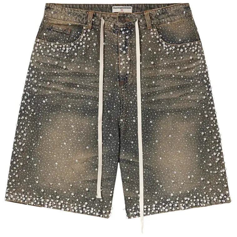 VALE SPORTS DIVISION Rainstorm Jorts. Mid-wash denim shorts adorned with countless white faux pearls, white drawstring, and raw hem.