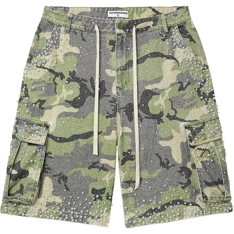 Vale Forever Soulja Camo Jorts: Green camo, VALE SPORTS DIVISION waistband, drawstring, cargo pockets, and scattered pearl studs.