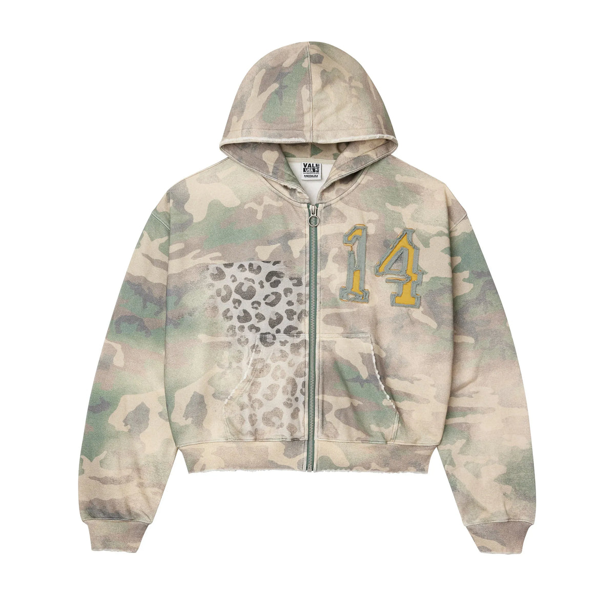 Vale USA distressed camo zip-up hoodie with cheetah print left pocket, yellow '14' appliqué, & hood.