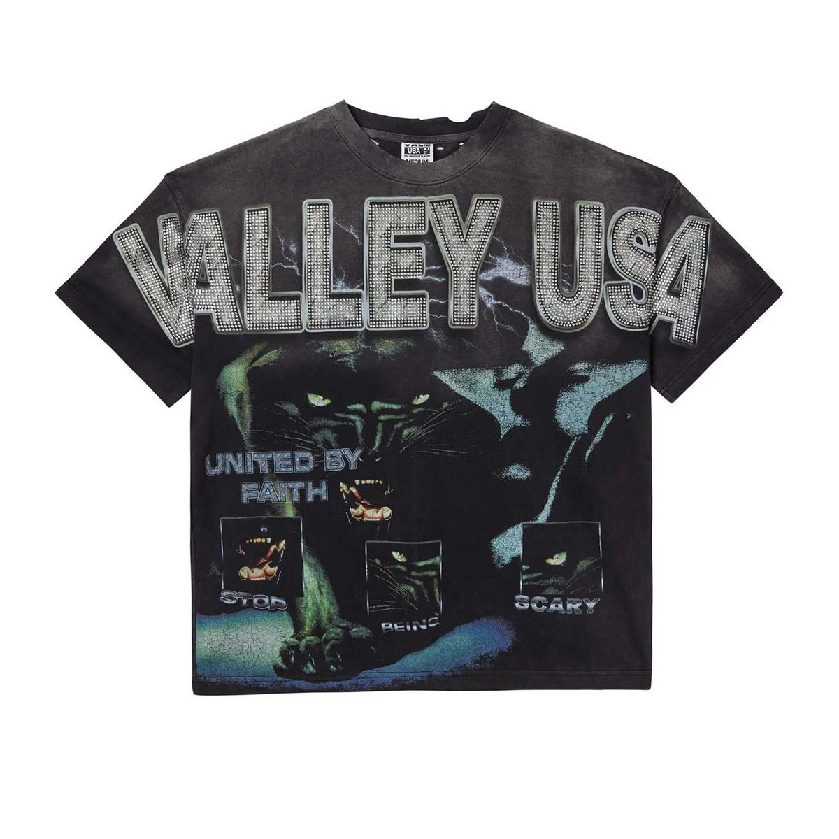 Distressed black "Vale Forever" tee. "VALLEY USA" in silver rhinestones, panthers with green eyes & blue lightning. "UNITED BY FAITH", "STOP BEING SCARY".