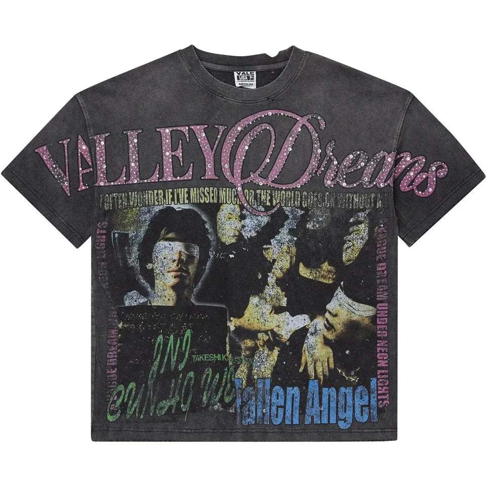 Black washed tee with pink sparkly "VALLEY DREAMS" text, abstract images of people, and blue "fallen Angel" text.