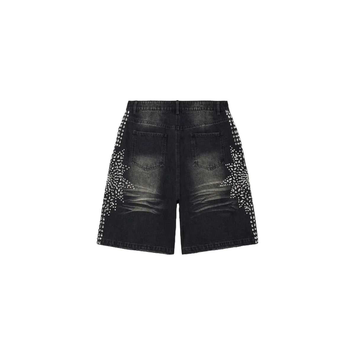 Vale Forever black Siren Jorts, washed denim, adorned with sparkling studs forming starbursts down both side seams.