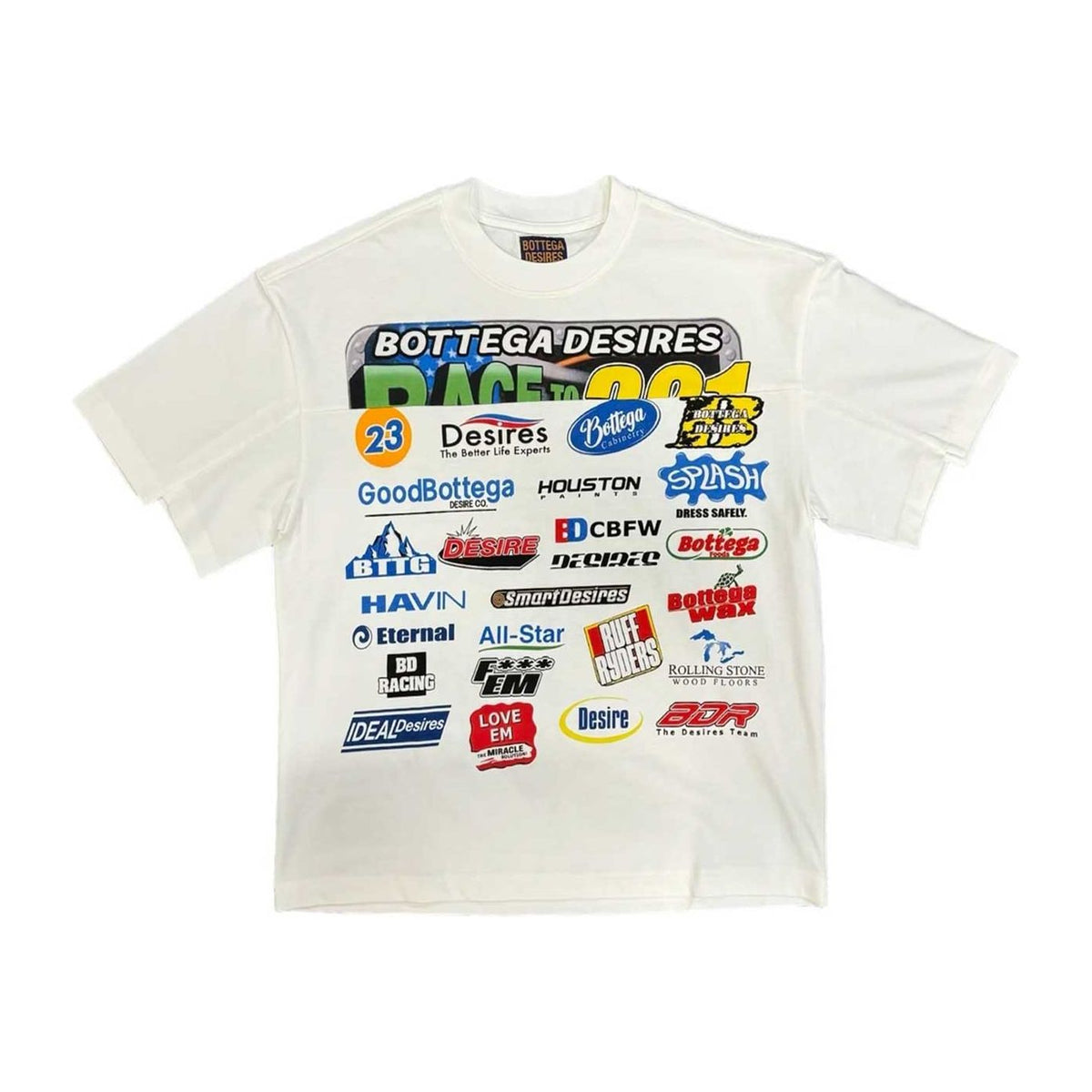 White Bottega Desires Race Tee featuring a large, metallic 'RACE TO 2021' graphic and many colorful brand logos on the front.