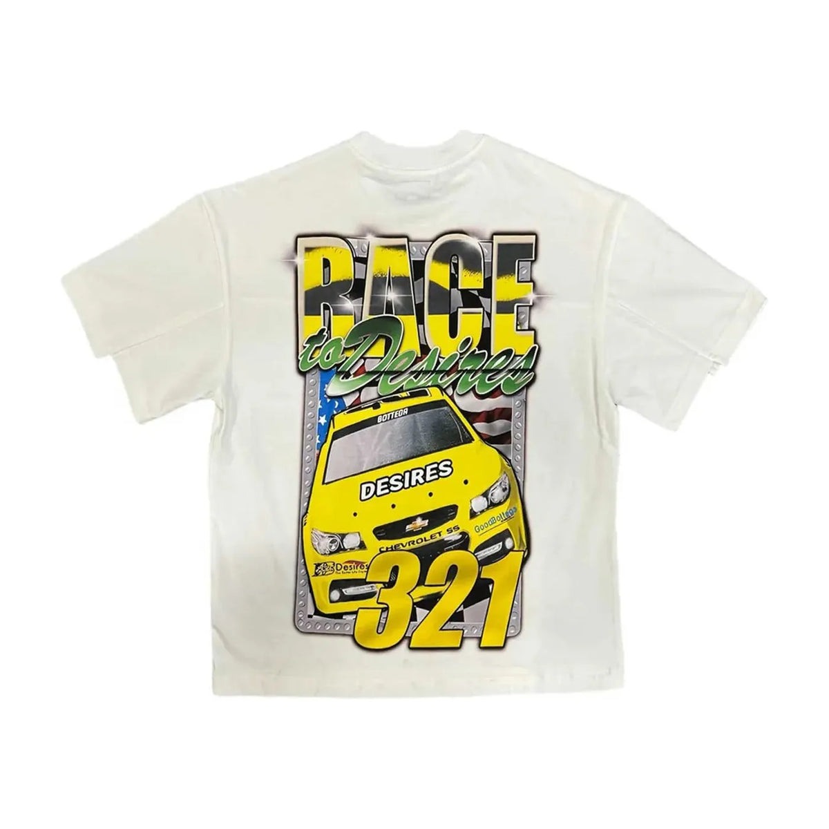 White "Bottega Desires" race tee with back graphic: "RACE to Desires" text, yellow race car, and large yellow "321" on a US flag.