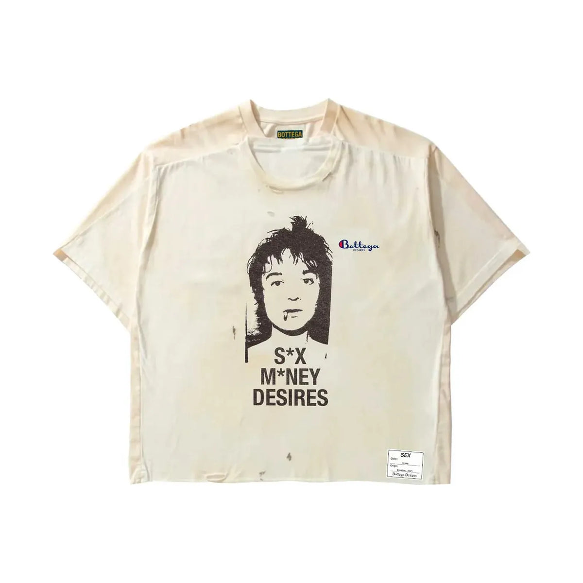 Bottega Desires cream tee with distressed finish. Features a B&W portrait and "S*X M*NEY DESIRES" text.