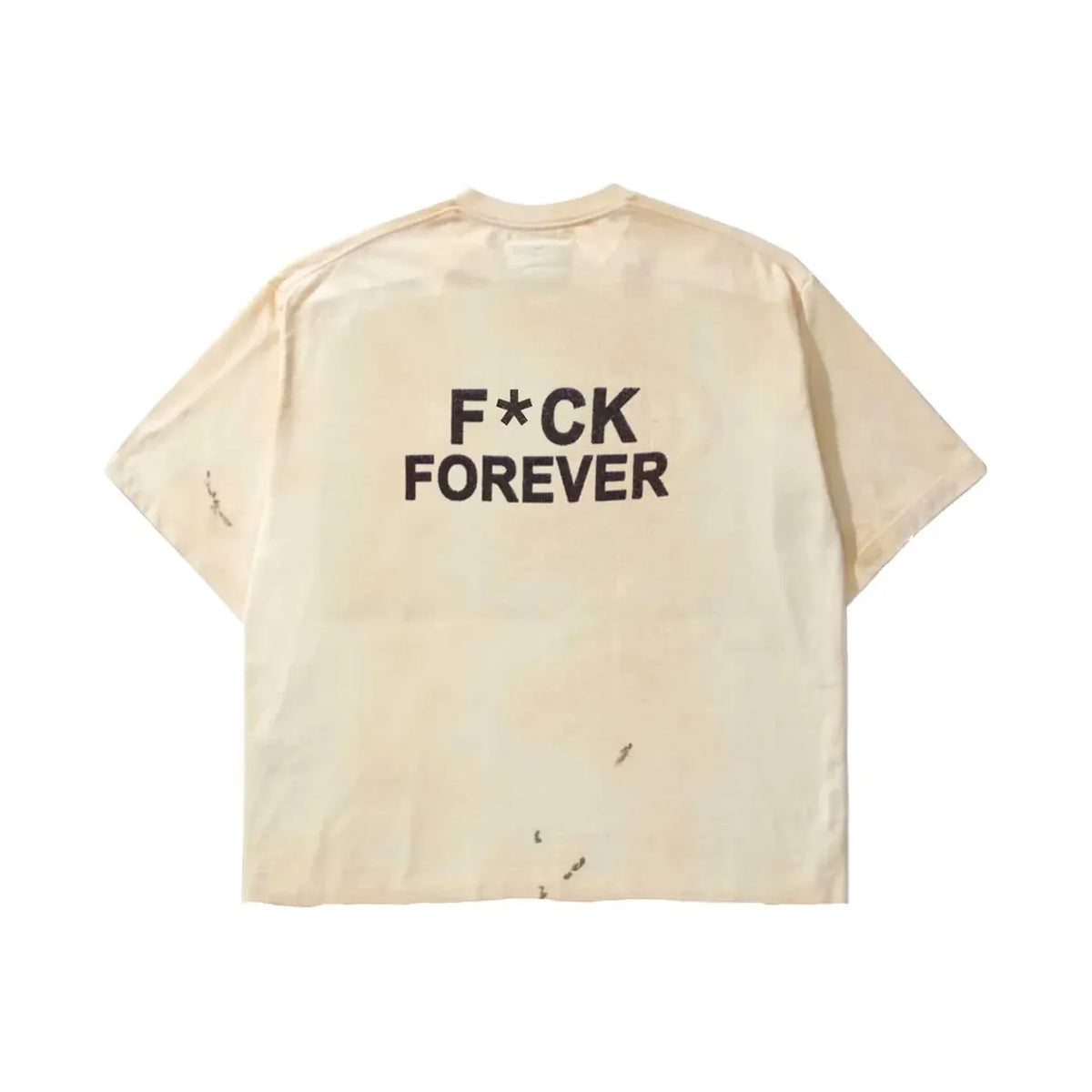 Cream t-shirt featuring "F*CK FOREVER" in dark brown on the back. Distressed look with small tears and holes.