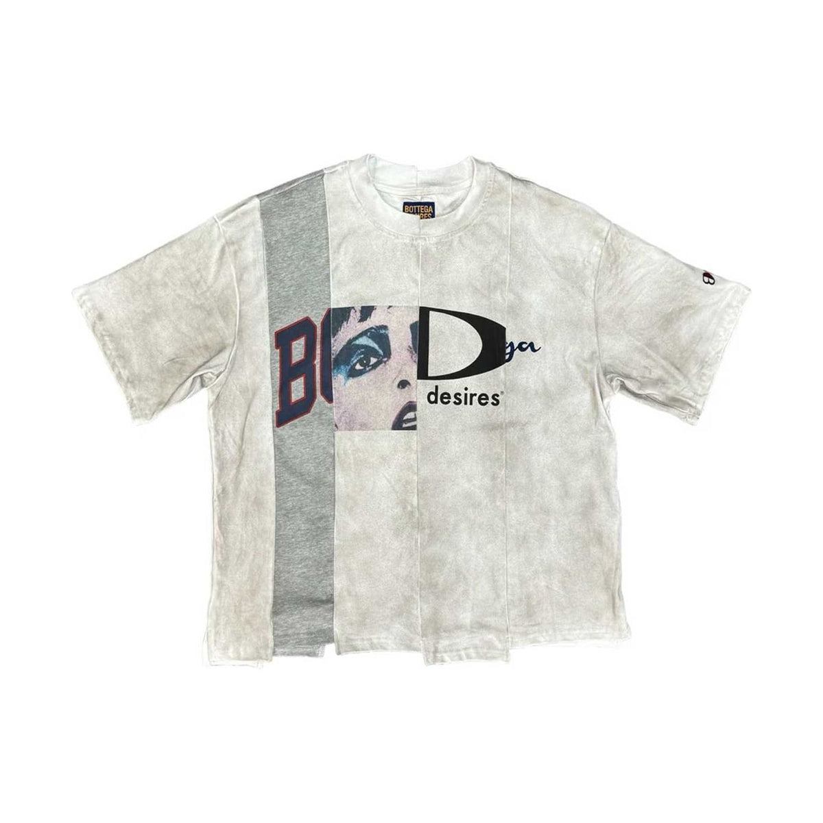 Bottega Desires white distressed tee with grey stripe. Front features "Bottega Desires" graphic and woman's eye/face print.