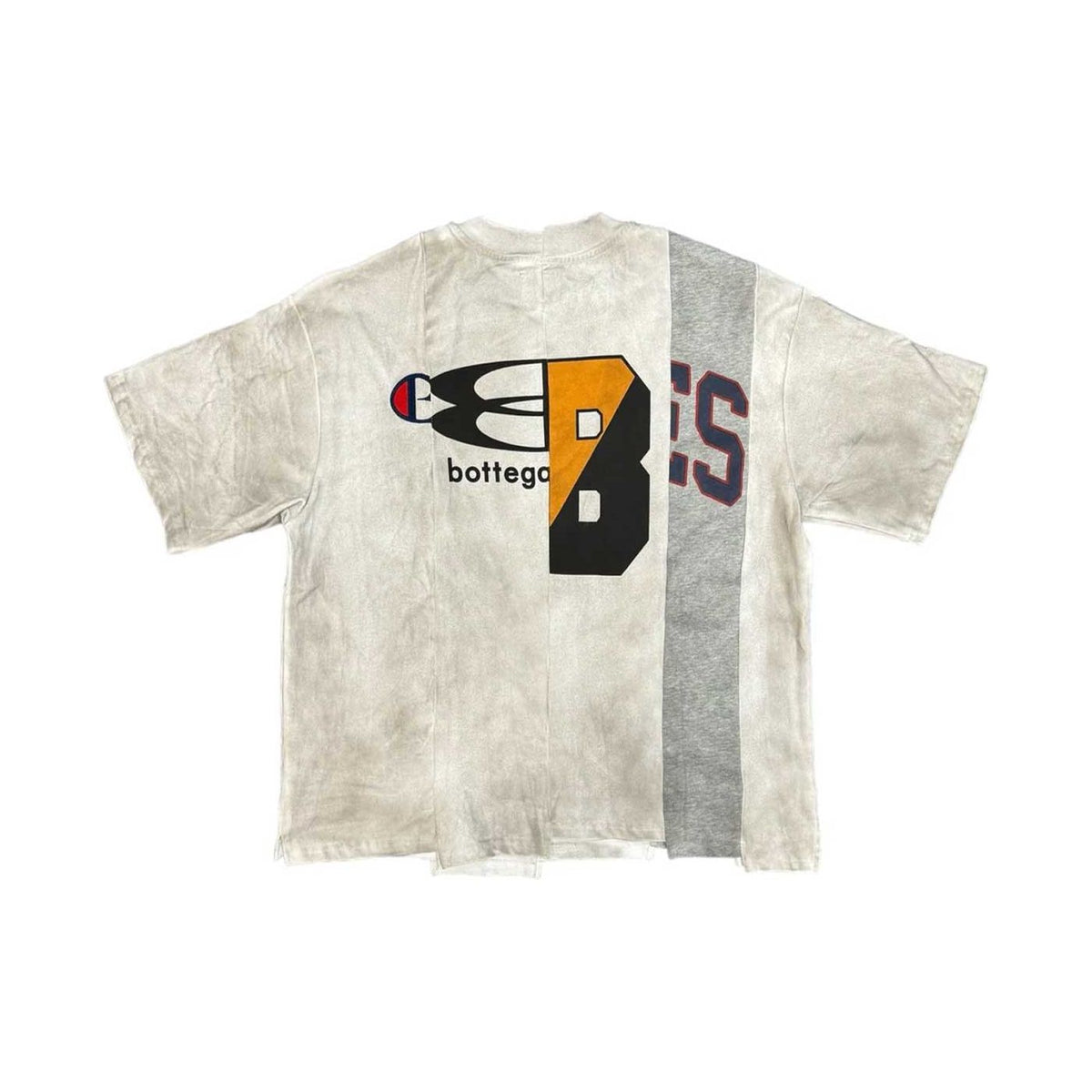 Distressed white Bottega Desires Ransom Tee. Features vertical grey panel, abstract orange/black B logo, and 'bottega' text.