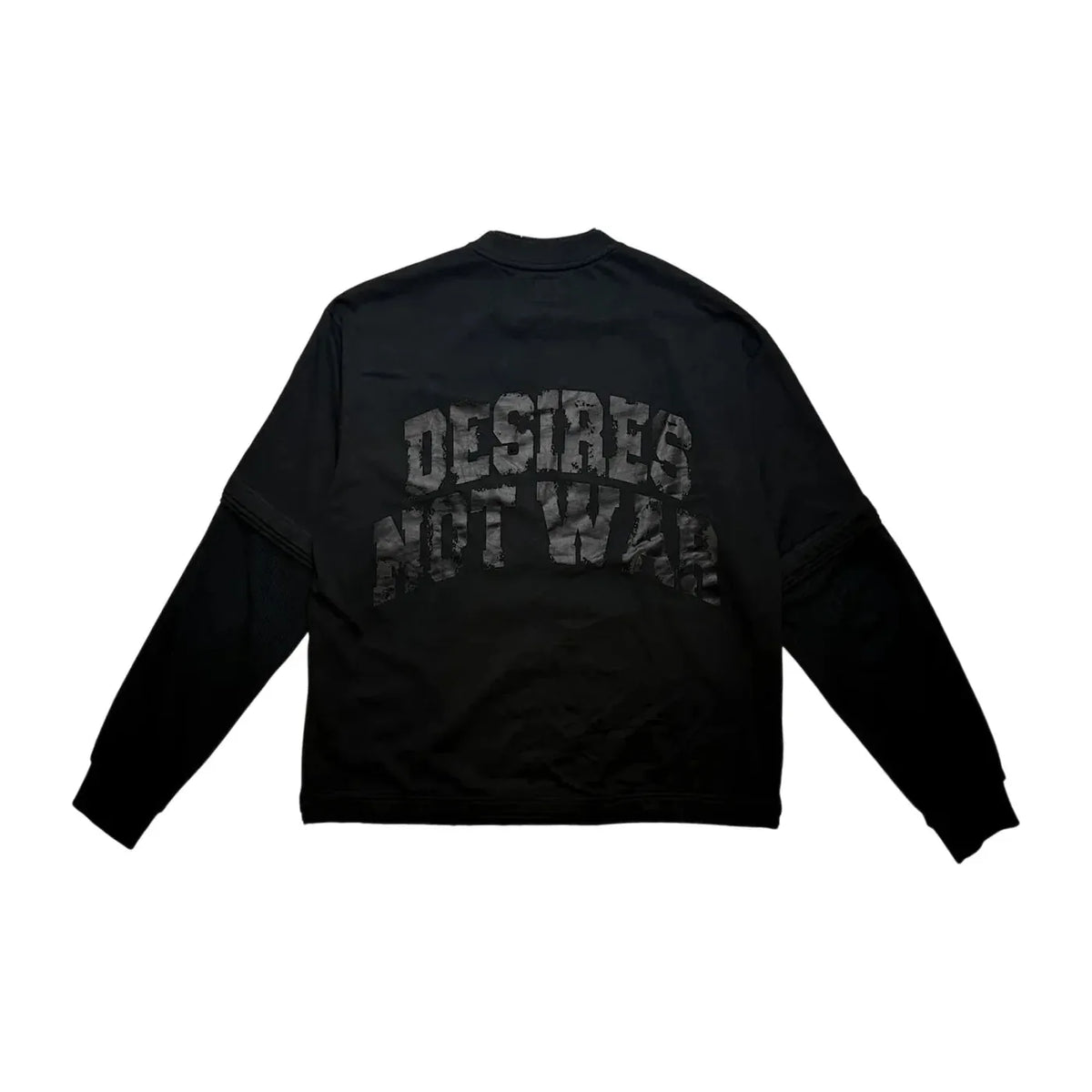 Black Bottega Desires thermal long sleeve tee with distressed black 'DESIRES NOT WAR' text on back and layered sleeve detail.