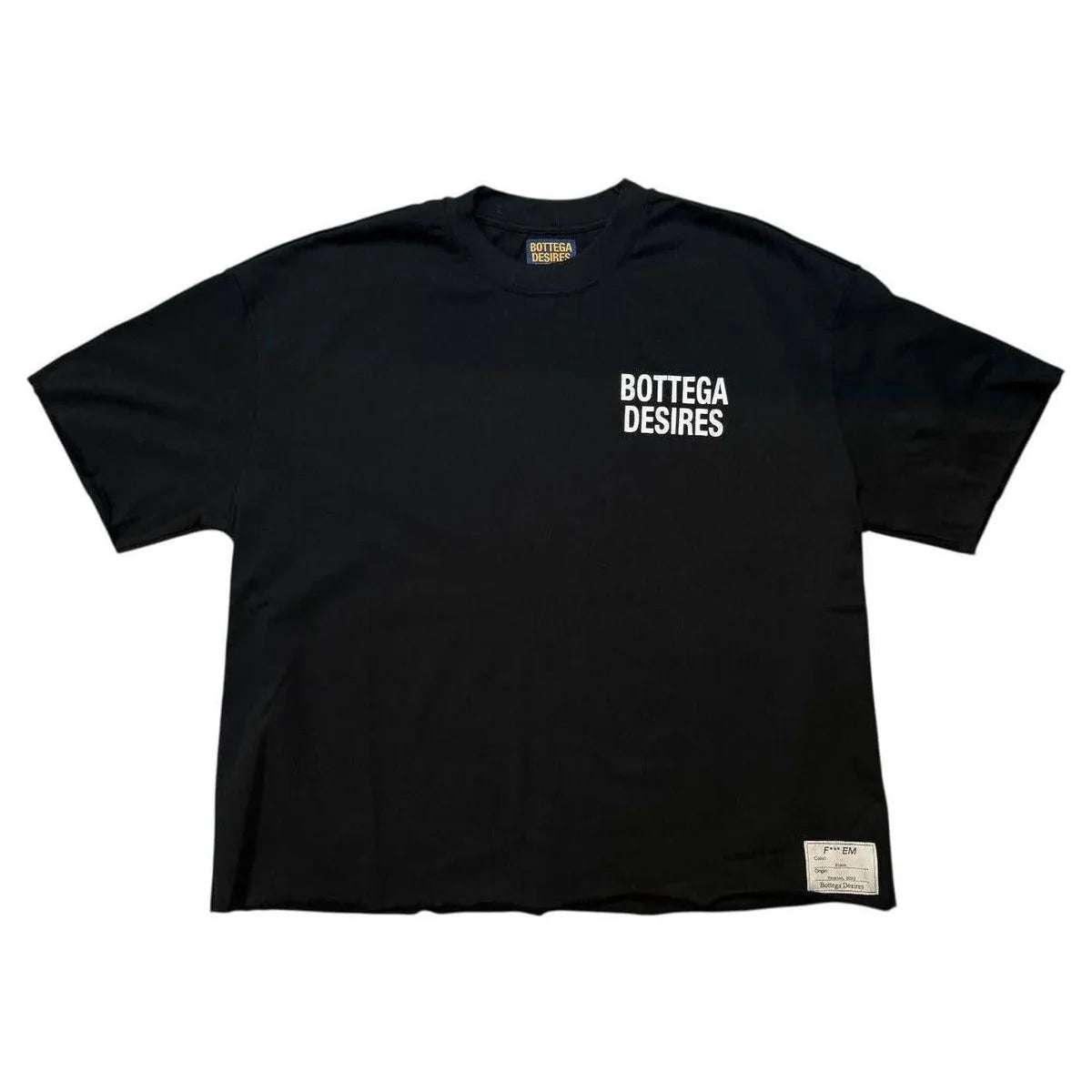 Black Bottega Desires Souvenir Tee, white "BOTTEGA DESIRES" text on chest. Yellow neck label. Relaxed fit, raw hem.