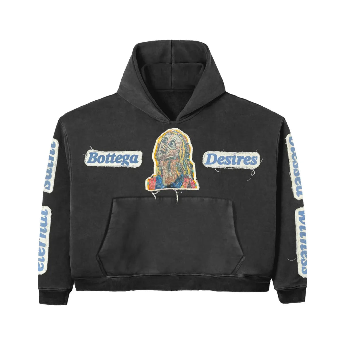 Washed black hoodie. Colorful abstract face graphic, blue text 'Bottega' & 'Desires' patches, and 'Eternal Desires' on sleeves.