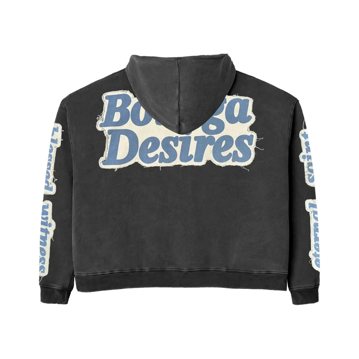 Faded black Bottega Desires hoodie. Blue "Bottega Desires" on back, "Blessed Witness" left sleeve, "Saint Eternal" right sleeve.