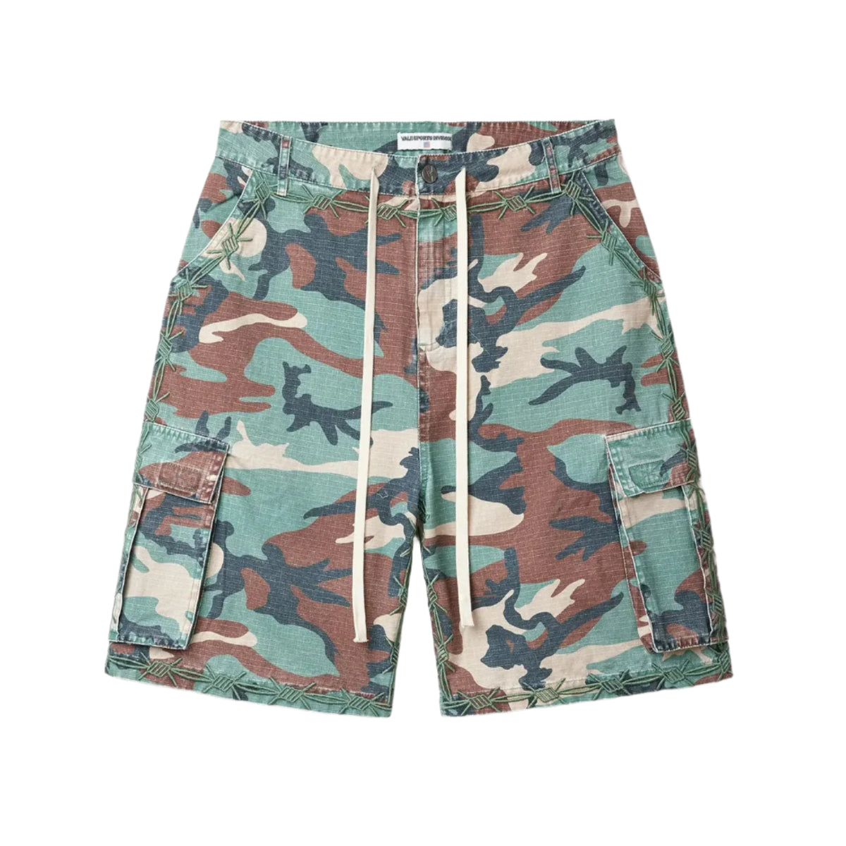 VALE SPORTS DIVISION Camo Jorts with classic camouflage, cargo pockets, cream drawstring, and green barbed wire embroidery.