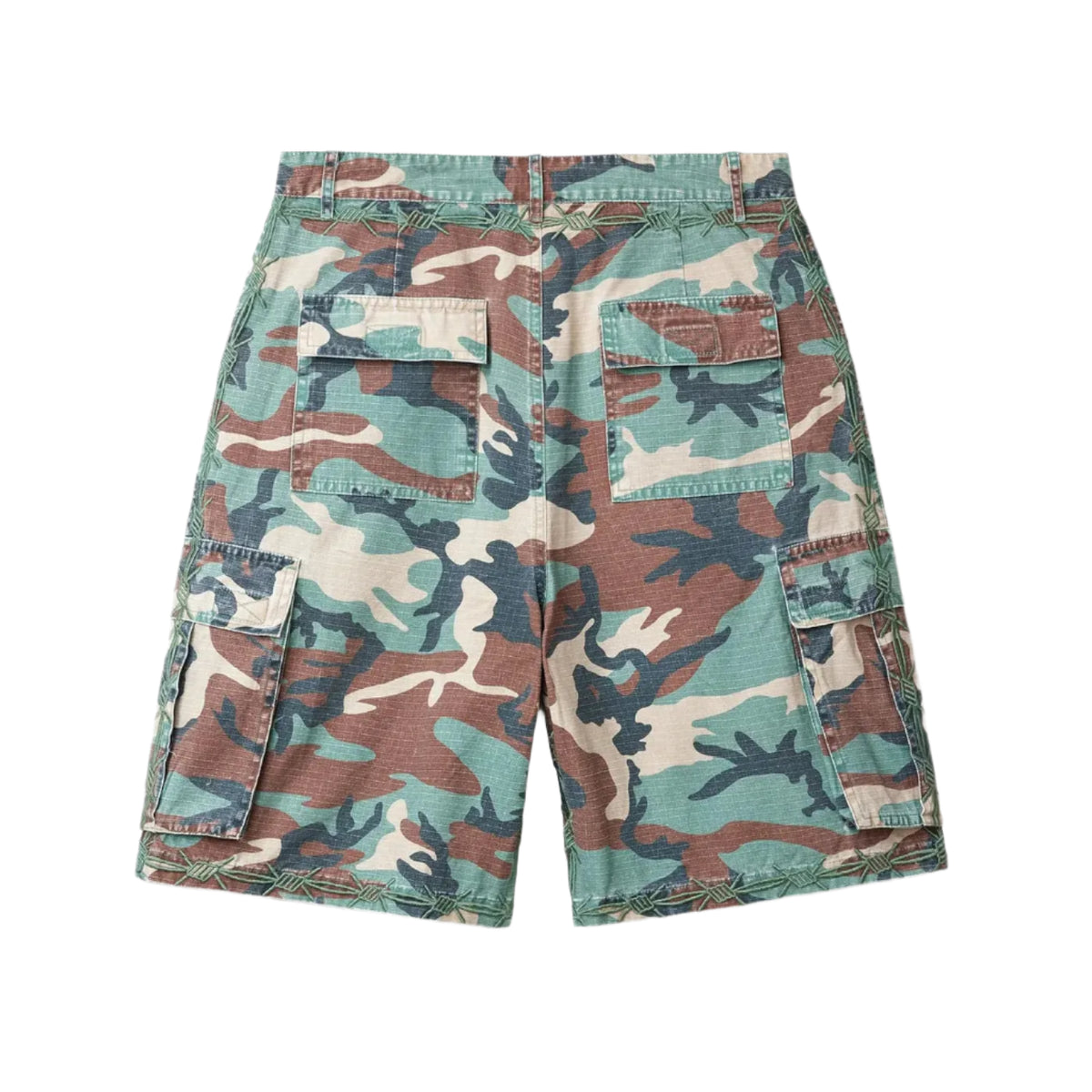 Vale Forever Live Wire Camo Jorts with cargo pockets and barbed wire embroidery along the waist and hems.