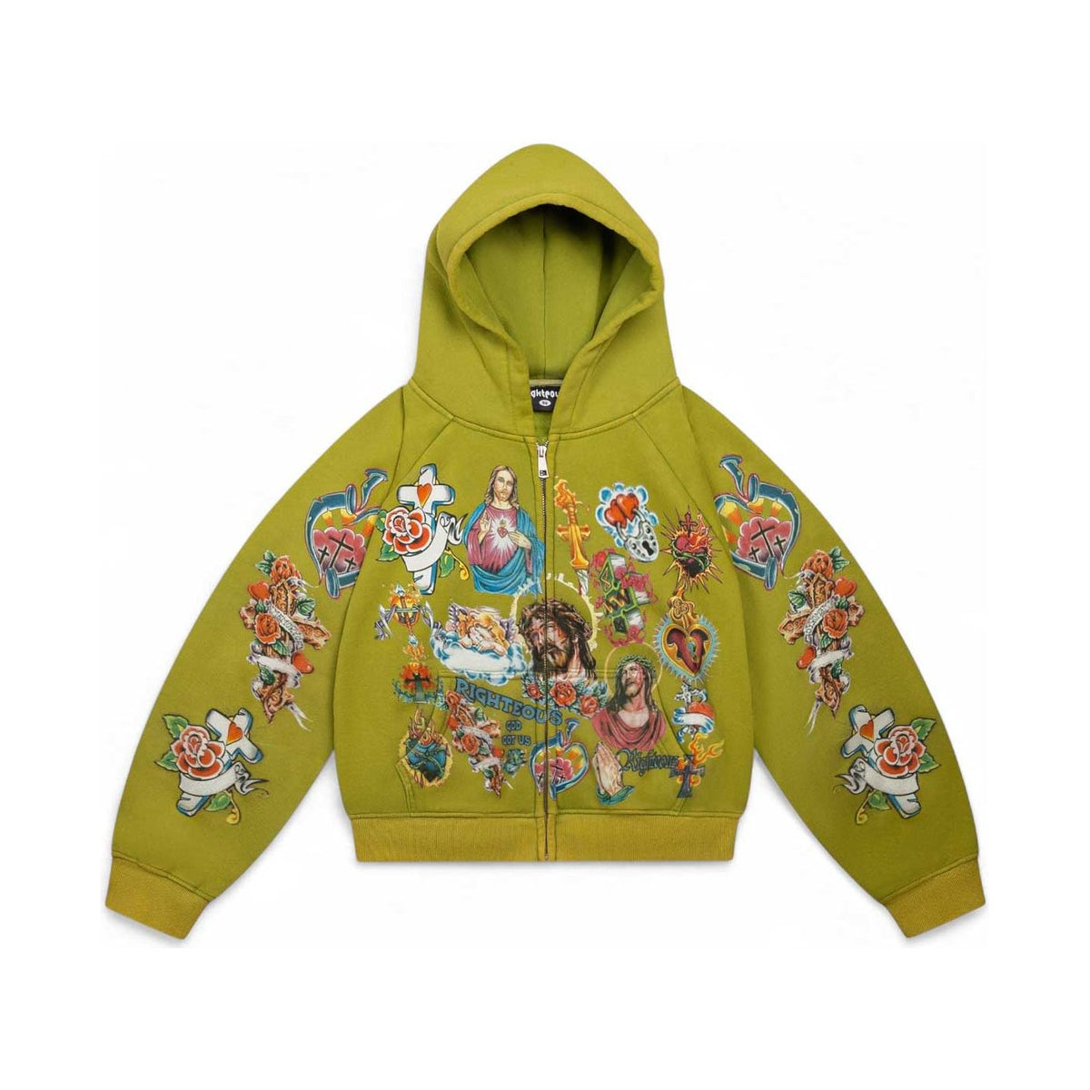 Muted green We Are Righteous cropped zip-up hoodie, covered in colorful religious graphics of Jesus, Mary, crosses, and roses.