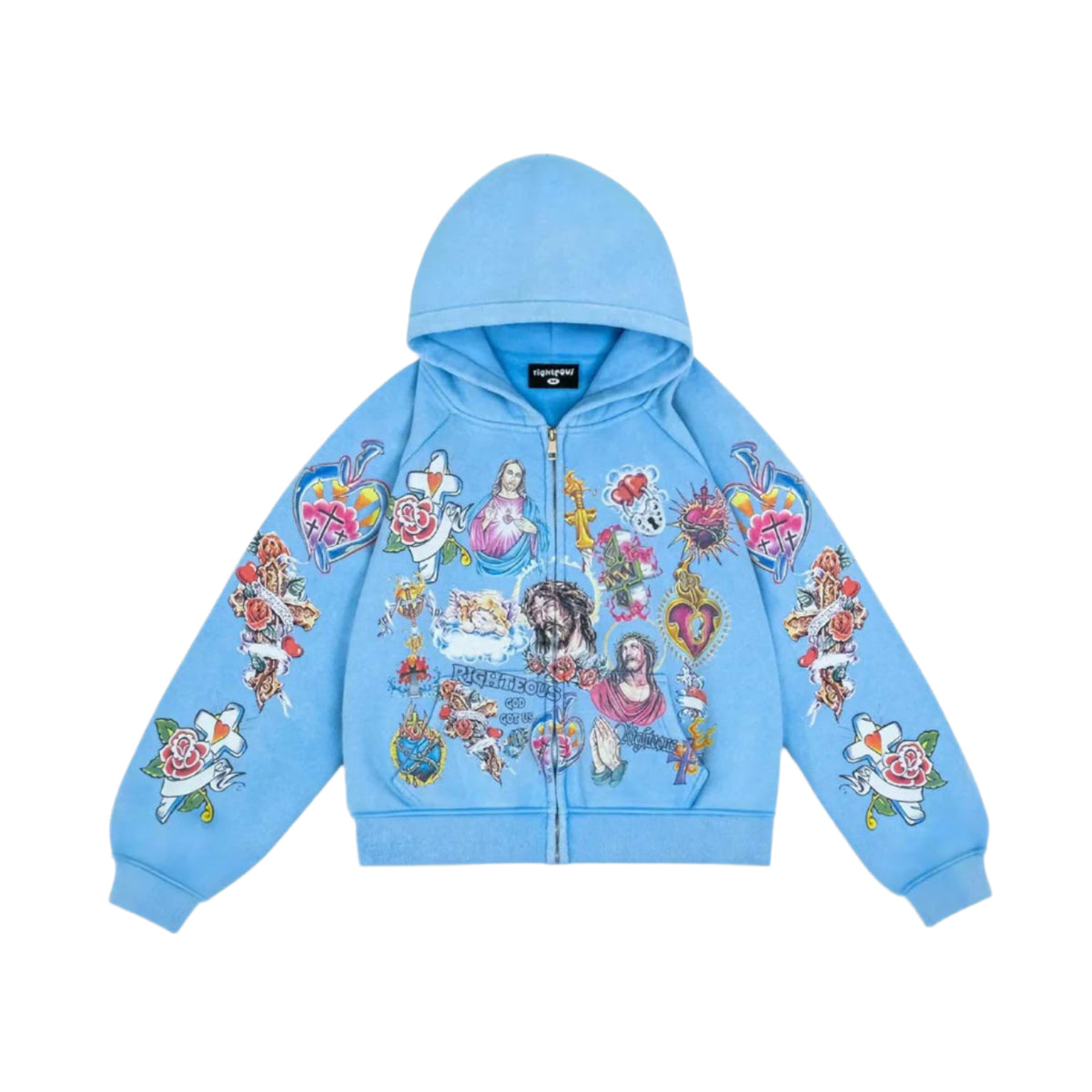 Blue cropped zip-up hoodie featuring "We Are Righteous" Risen King religious graphics: Jesus, Mary, crosses, hearts, & roses.