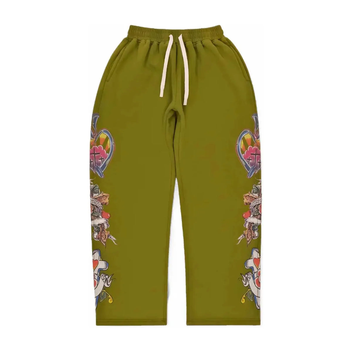 We Are Righteous Risen King olive green sweatpants with white drawstring and detailed heart & cross graphics down both legs.