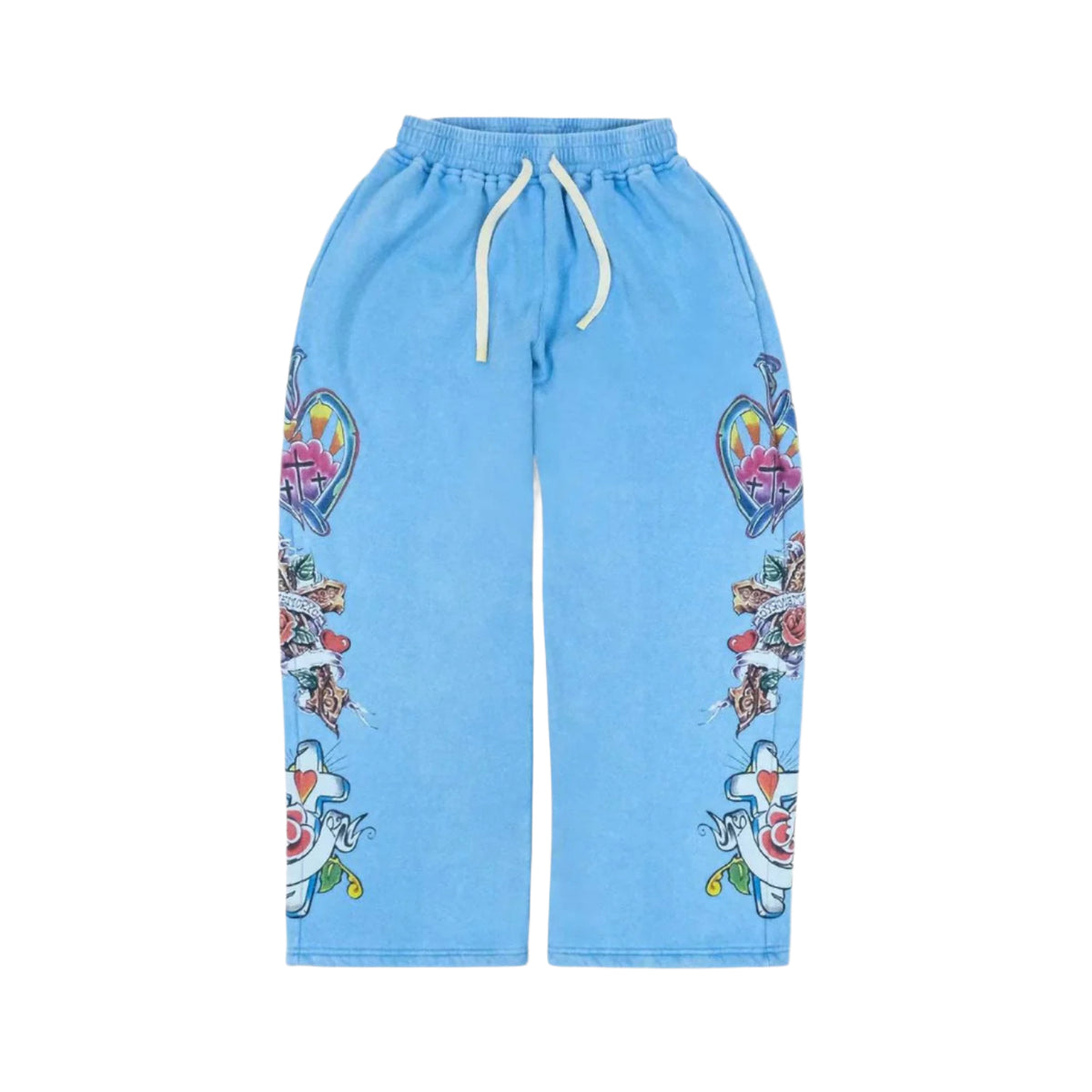 Light blue "Risen King" sweatpants with a drawstring waist and vibrant tattoo-style graphics of hearts, crosses, roses down each leg.