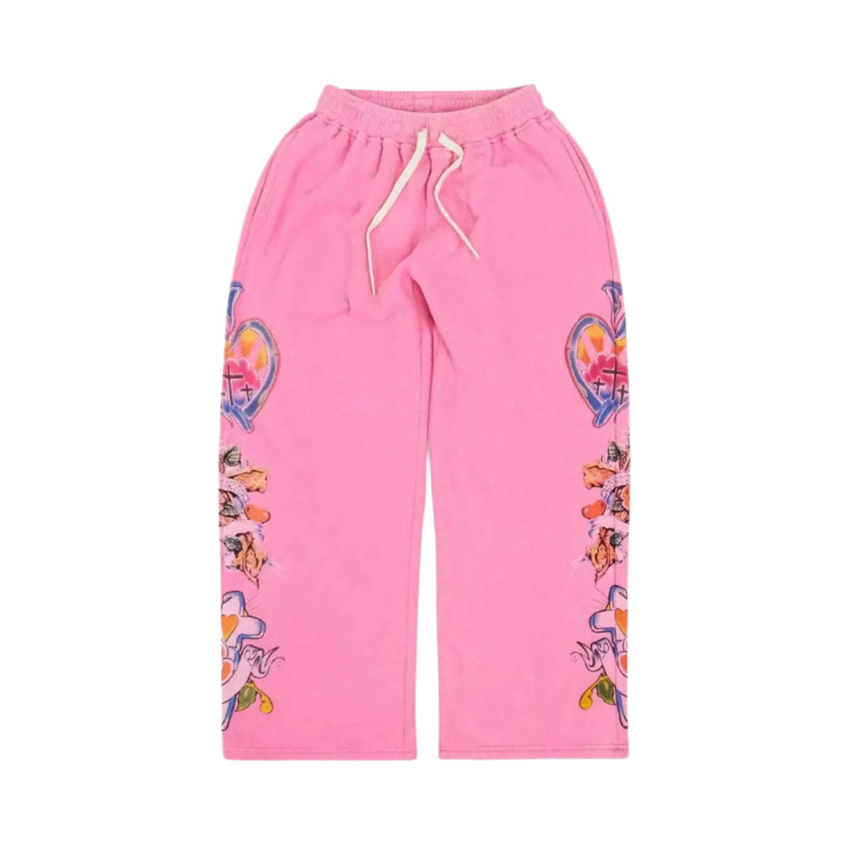 Pink We Are Righteous Risen King sweatpants with elastic waist, white drawstring, and colorful heart, cross, floral graphics on both legs.