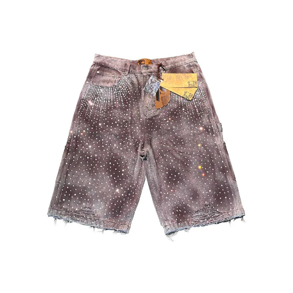 Washed brown Redial 20k Diamond Shorts, covered in sparkling rhinestones, distressed with frayed hems.