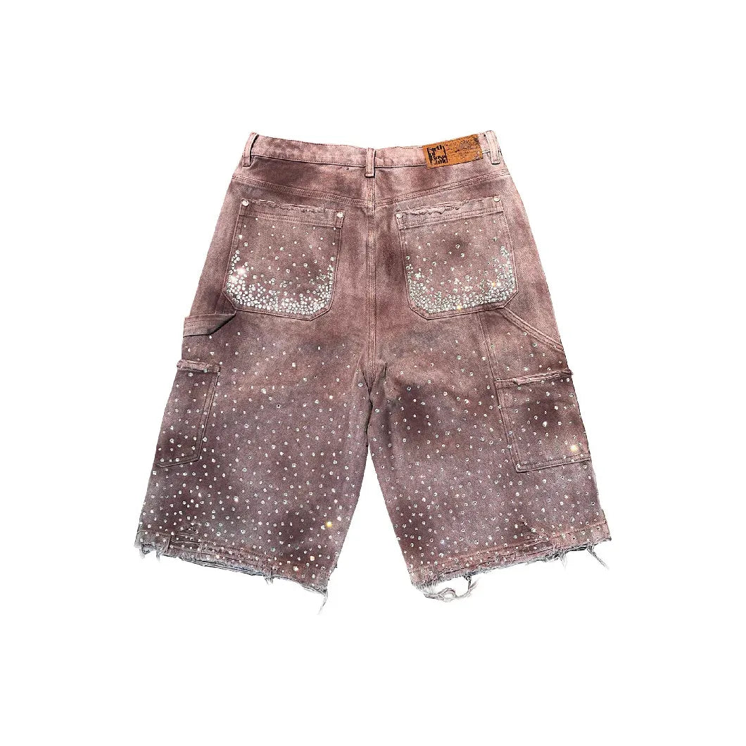 Washed brown Redial 20k Diamond shorts with raw hems, cargo pockets, & scattered diamonds, dense on back pockets.