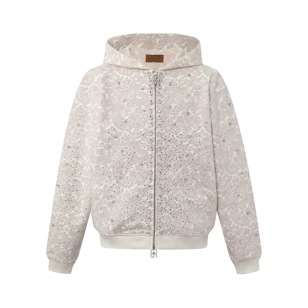 White full-zip hoodie with light purple paisley pattern, covered in clear crystals, silver zipper, and ribbed trim.