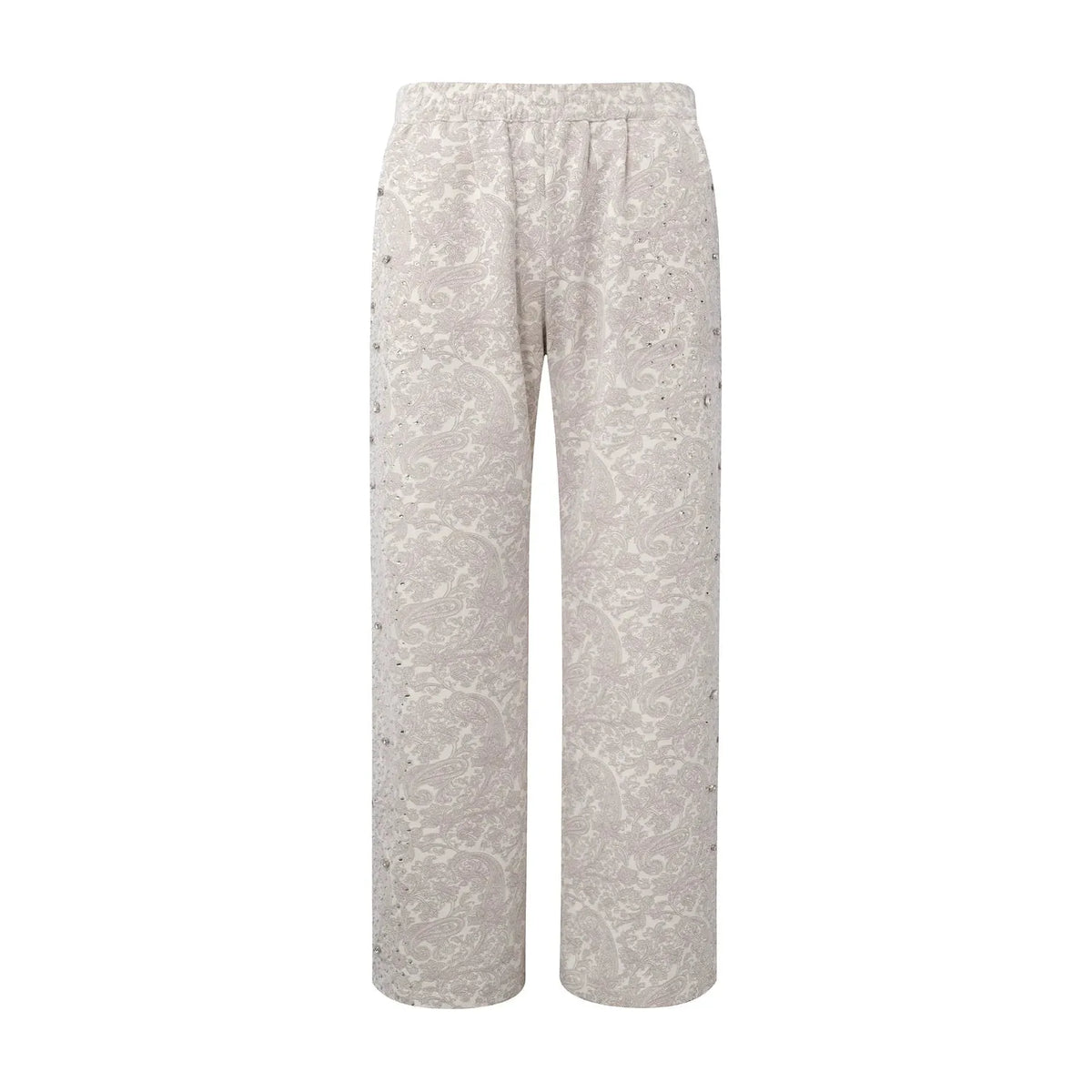 White paisley print straight-leg pants with an elastic waist and studded outer seams.