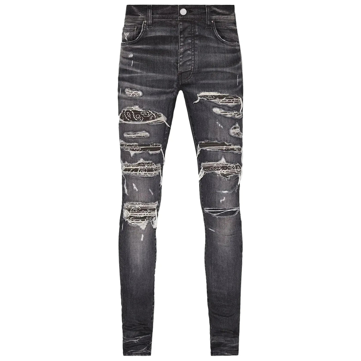 AMIRI Grey Bandana Thrasher Jean, distressed with black and white paisley bandana patches visible through the rips.