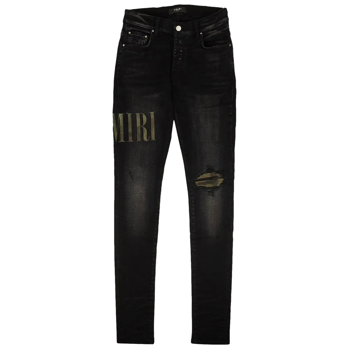 AMIRI Aged Black Core Appliqué skinny jeans with camo logo on left thigh & camo-backed ripped right knee.