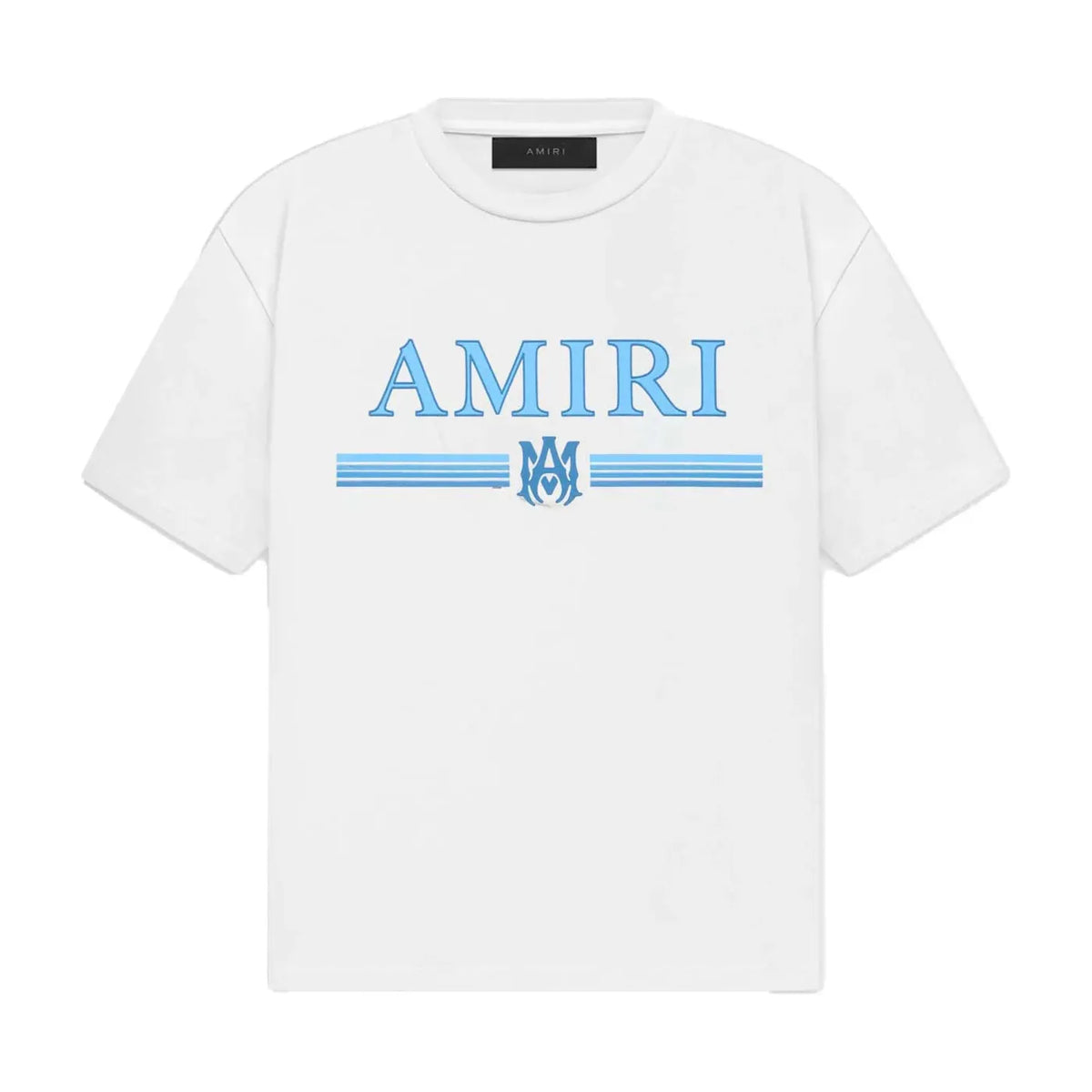 White AMIRI T-shirt featuring "AMIRI" in sky blue above two matching horizontal stripes and a central 'M' monogram.