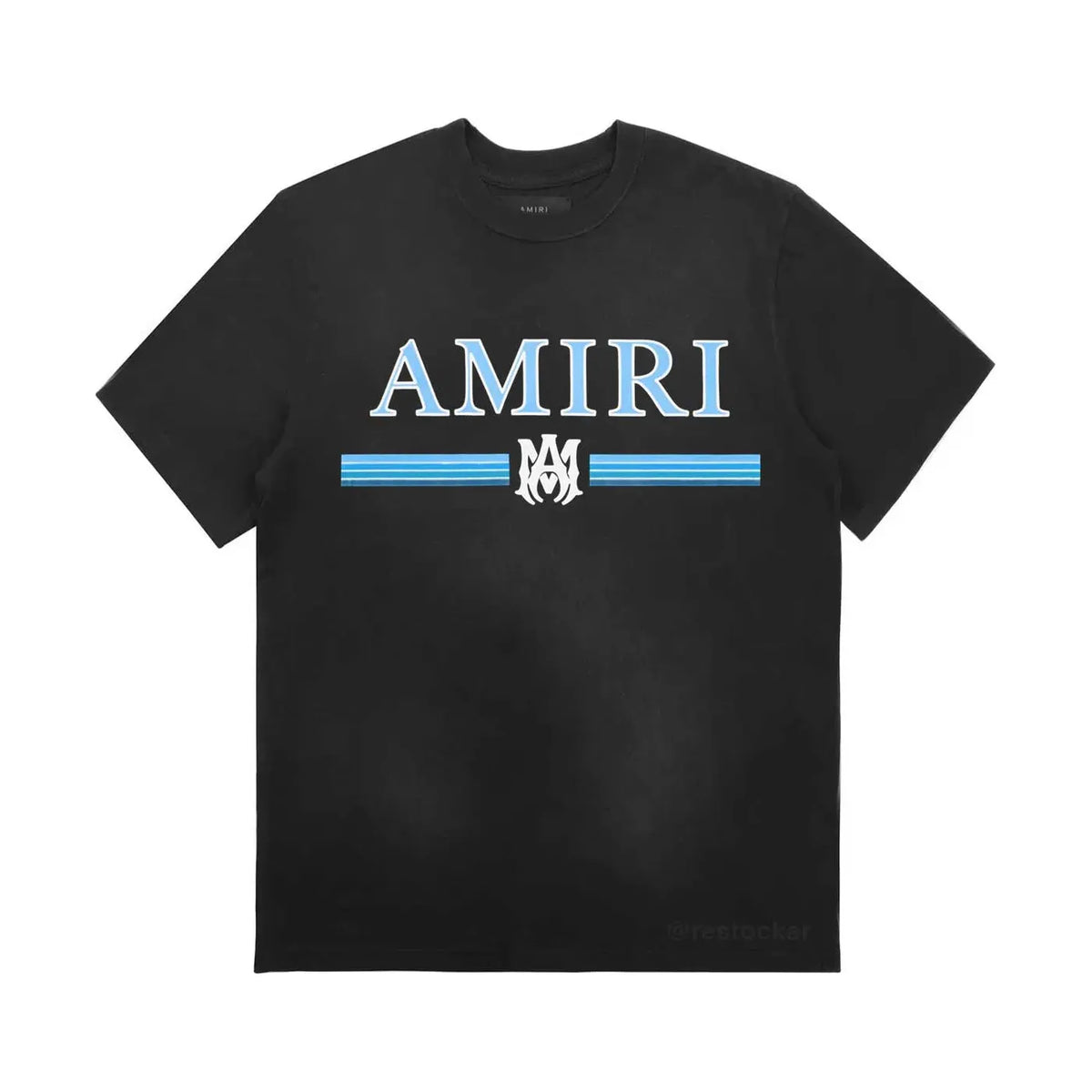 Black AMIRI t-shirt featuring "AMIRI" in light blue, a horizontal blue bar, and a white monogram logo on the chest.