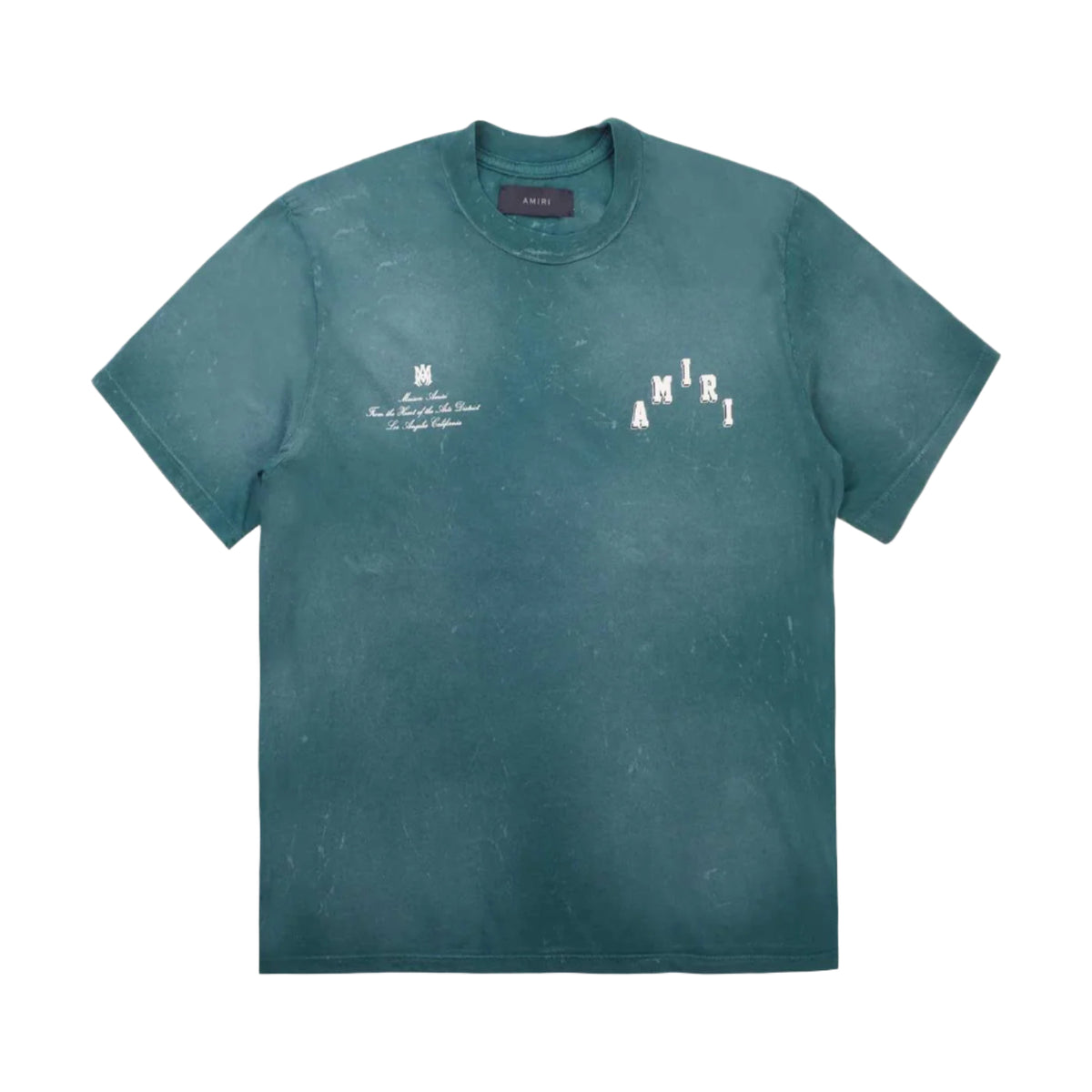 Faded green AMIRI Collegiate Tee with a distressed look. White scattered 'AMIRI' letters & 'Maison Amiri Los Angeles' text.