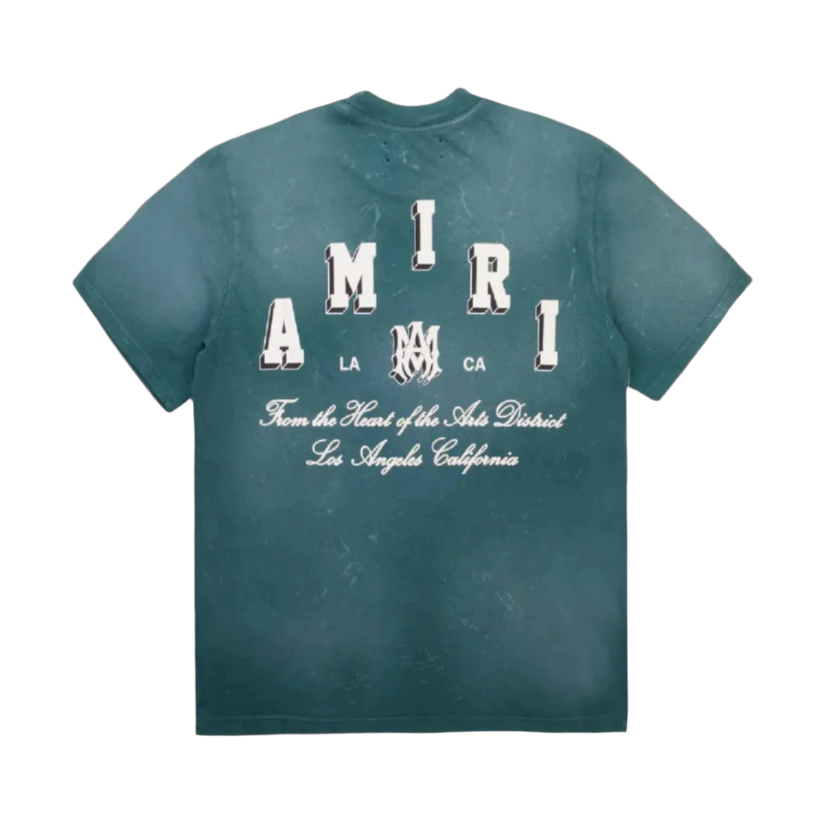 Distressed green AMIRI Collegiate Tee. Back features large white "AMIRI" letters, logo, "LA CA" & "Arts District Los Angeles California" text.