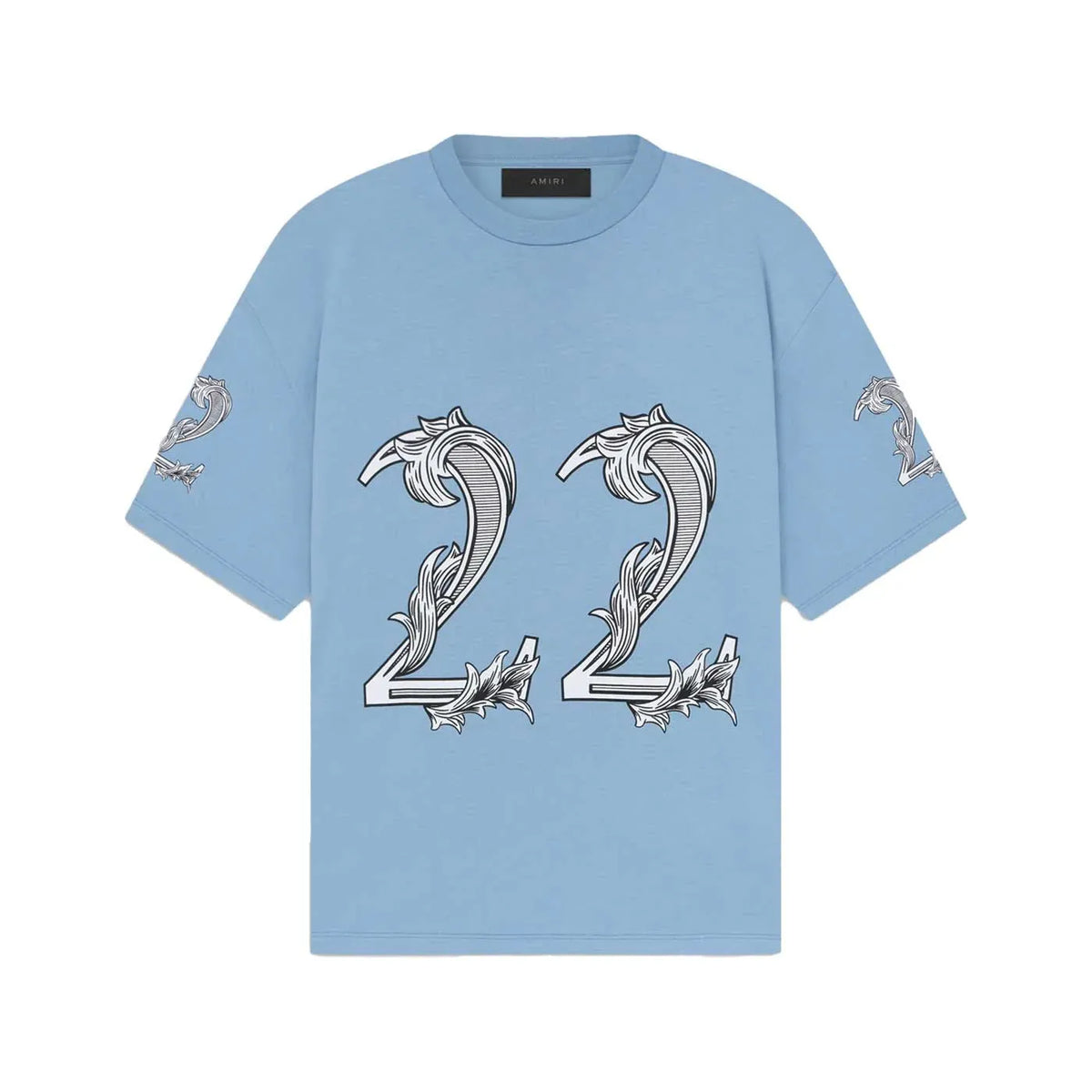 AMIRI Oversized 22 Tee, Ashley Blue. Ribbed crewneck. Large white ornate '22' on front, smaller matching '2's on sleeves.