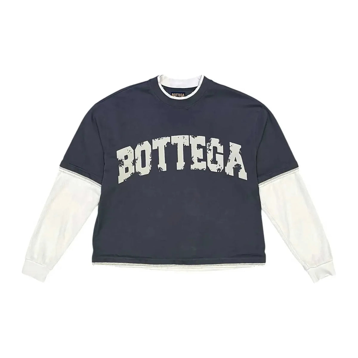 Navy layered thermal long-sleeve tee. Distressed white "BOTTEGA" text on chest; white sleeves & collar.