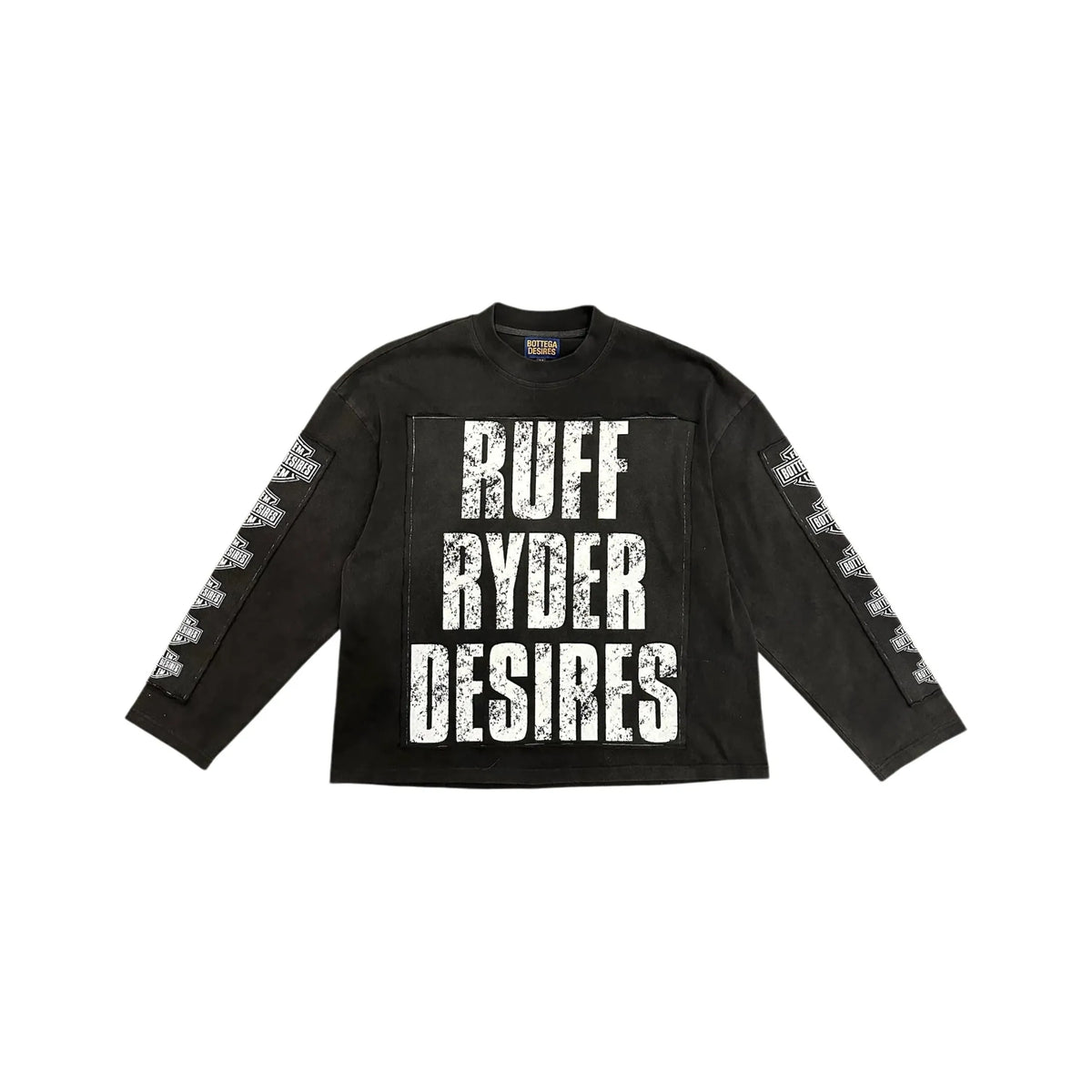 Black Bottega Desires Ruff Ryder long sleeve tee. Distressed white "RUFF RYDER DESIRES" on front, repeat logos on sleeves.