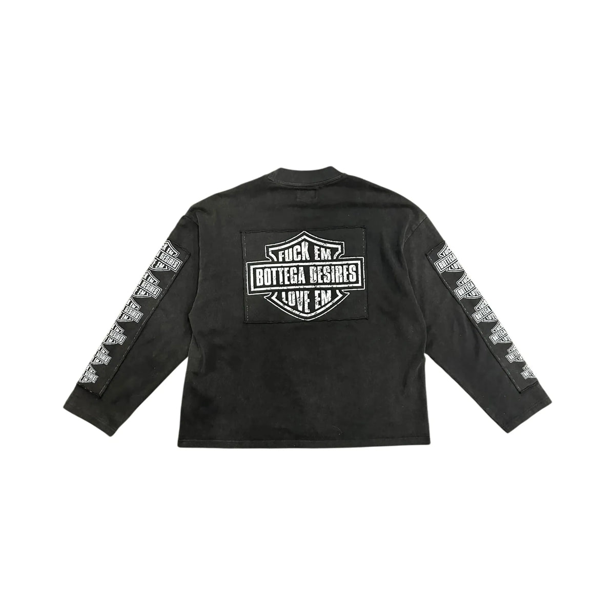 Black Bottega Desires Ruff Ryder long sleeve tee. Back: 'FUCK EM BOTTEGA DESIRES LOVE EM' shield patch. Sleeves: repeating shield patches.