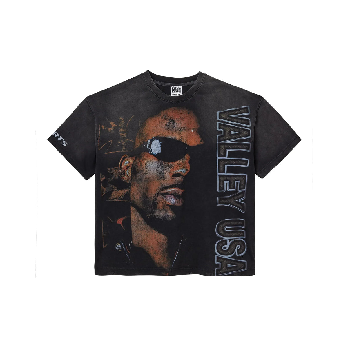 Distressed black Vale t-shirt with a vintage-style graphic of a man in sunglasses on front, "VALLEY USA" text, and "RTS" on sleeve.
