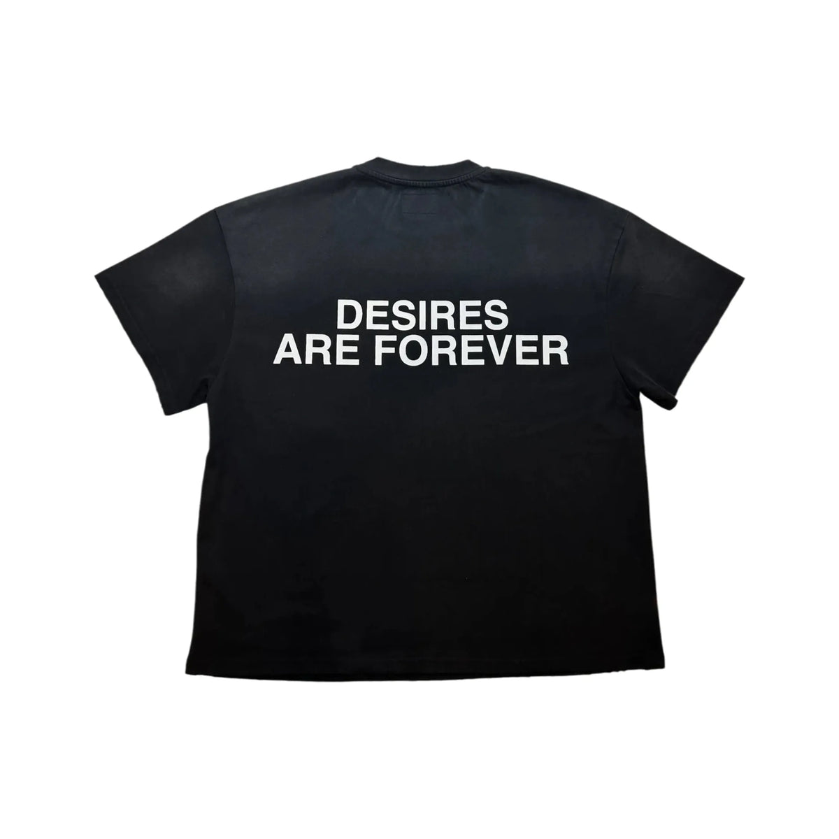 Black Bottega Desires Souvenir Tee with "DESIRES ARE FOREVER" in white text on the back.