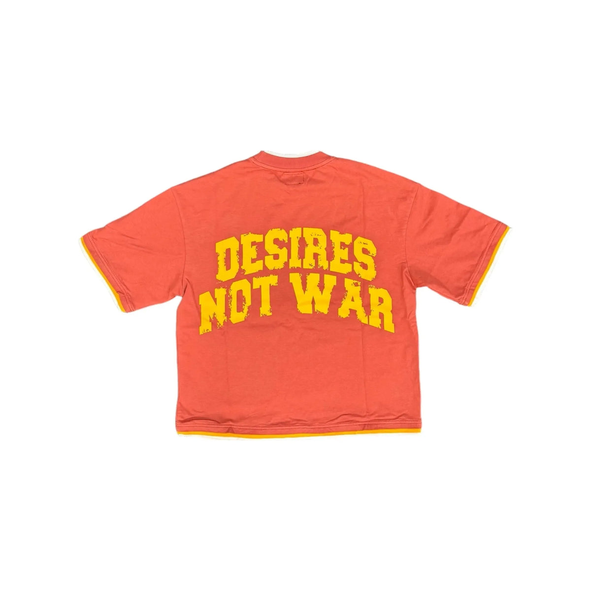 Bottega Desires red t-shirt with yellow 'DESIRES NOT WAR' text, yellow & white striped cuffs and hem.