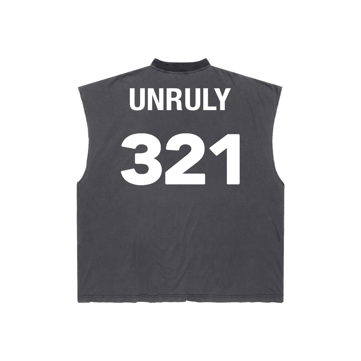 Washed black Unruly sleeveless tee with white "UNRULY" text & "321" numbers on back, mock neck, distressed raw hem.