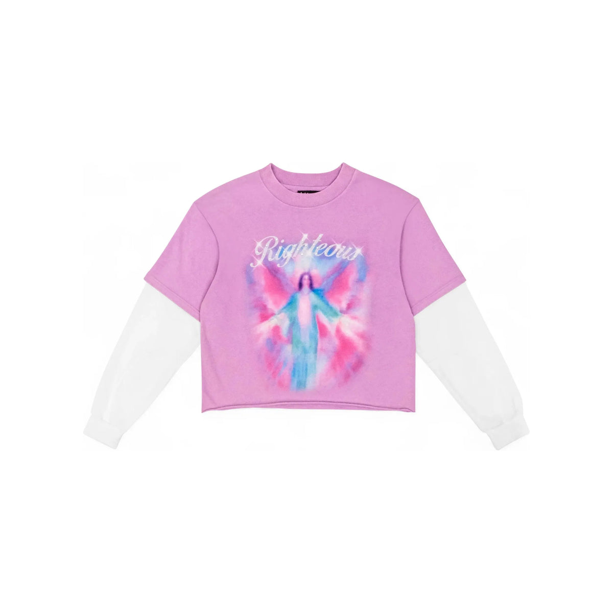 Fuchsia We Are Righteous cropped layered tee with white long sleeves and a glowing angel graphic below "Righteous" text.